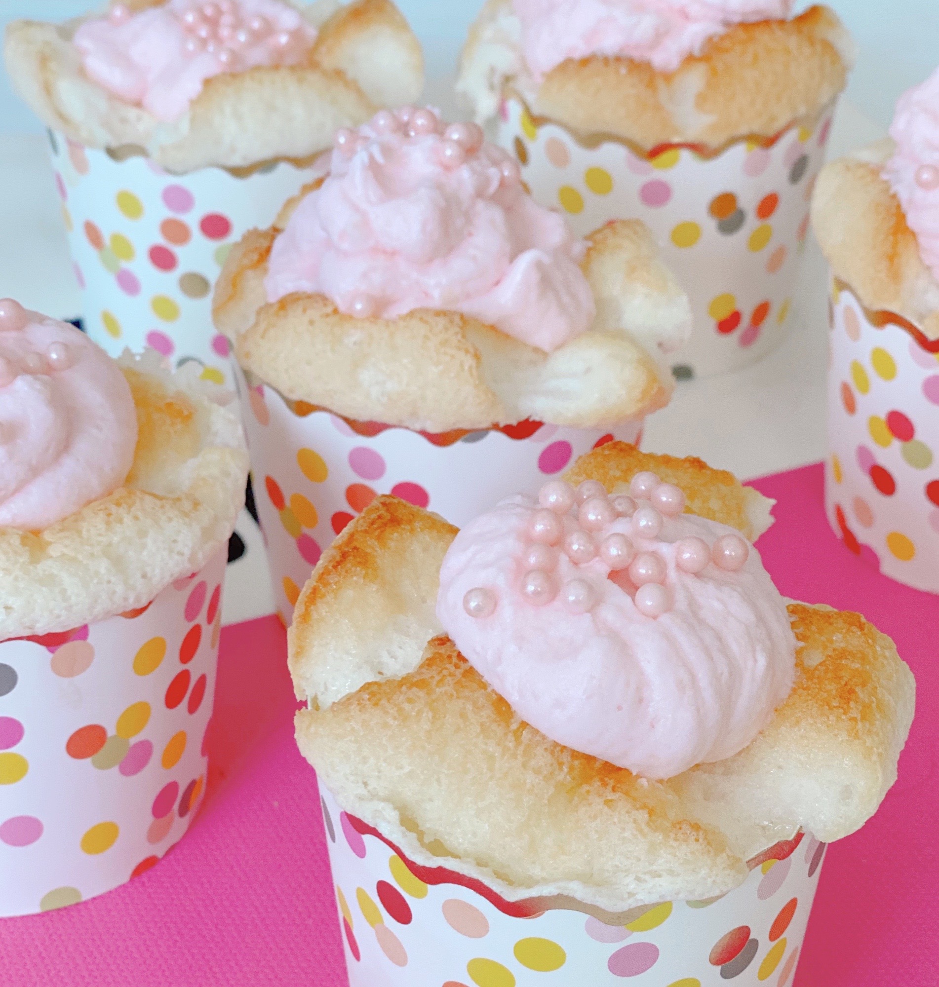Angel Food Cupcakes with Rose Cream Frosting